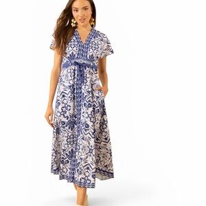 HALE BOB Galilea Poplin Blue & White Floral V-Neck Midi Dress Size Large NWT